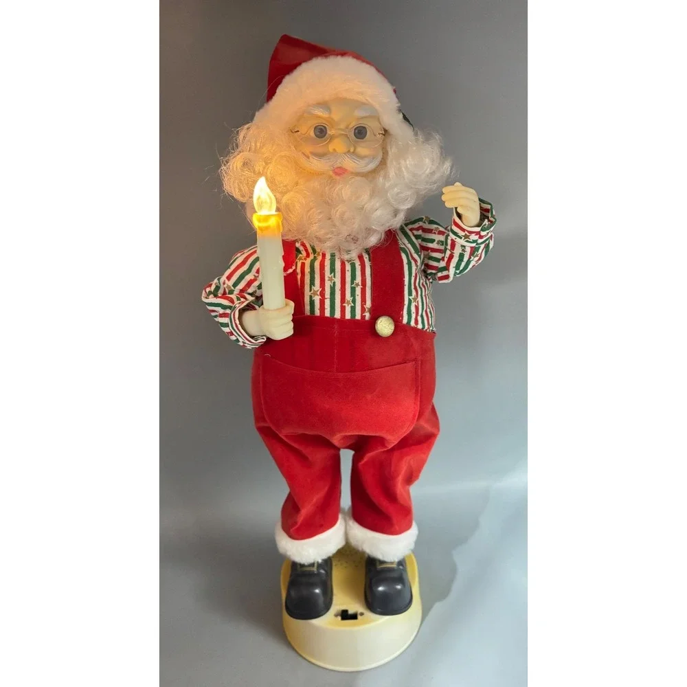 Vintage Animated Santa Claus Figure Red Overalls Light Up Candle 16 Inch
